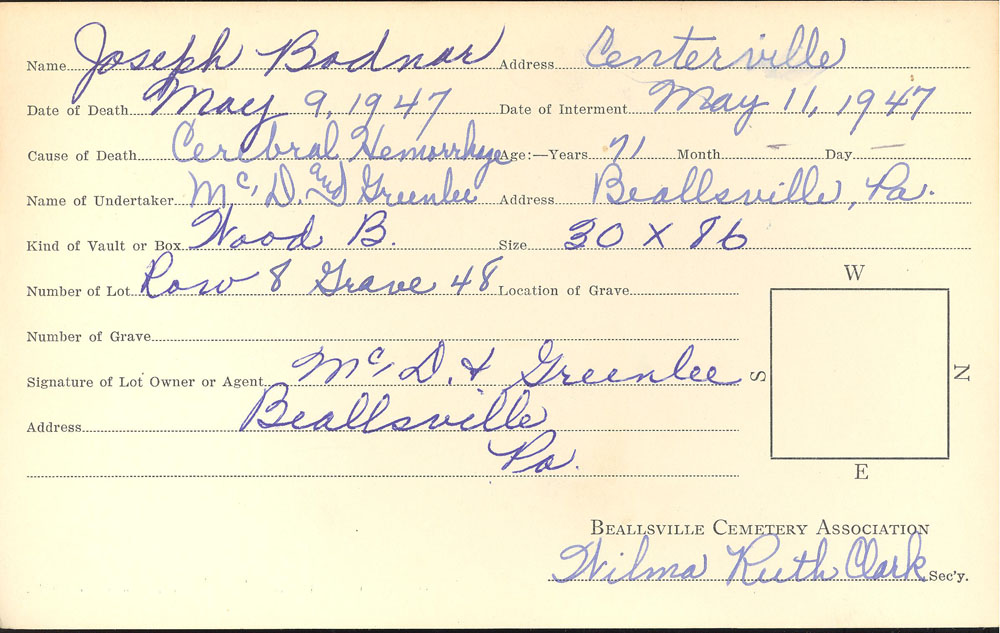 Joseph Bodnar burial card